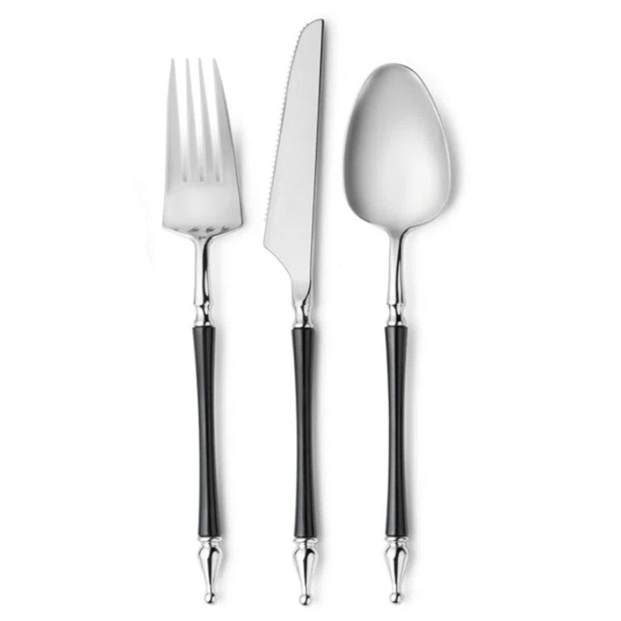 Black-handled silver cutlery set with forks, spoons, and knives, 24 pack.