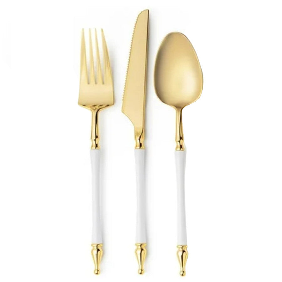 White-handled gold silverware set, assorted cutlery, 24 pieces.