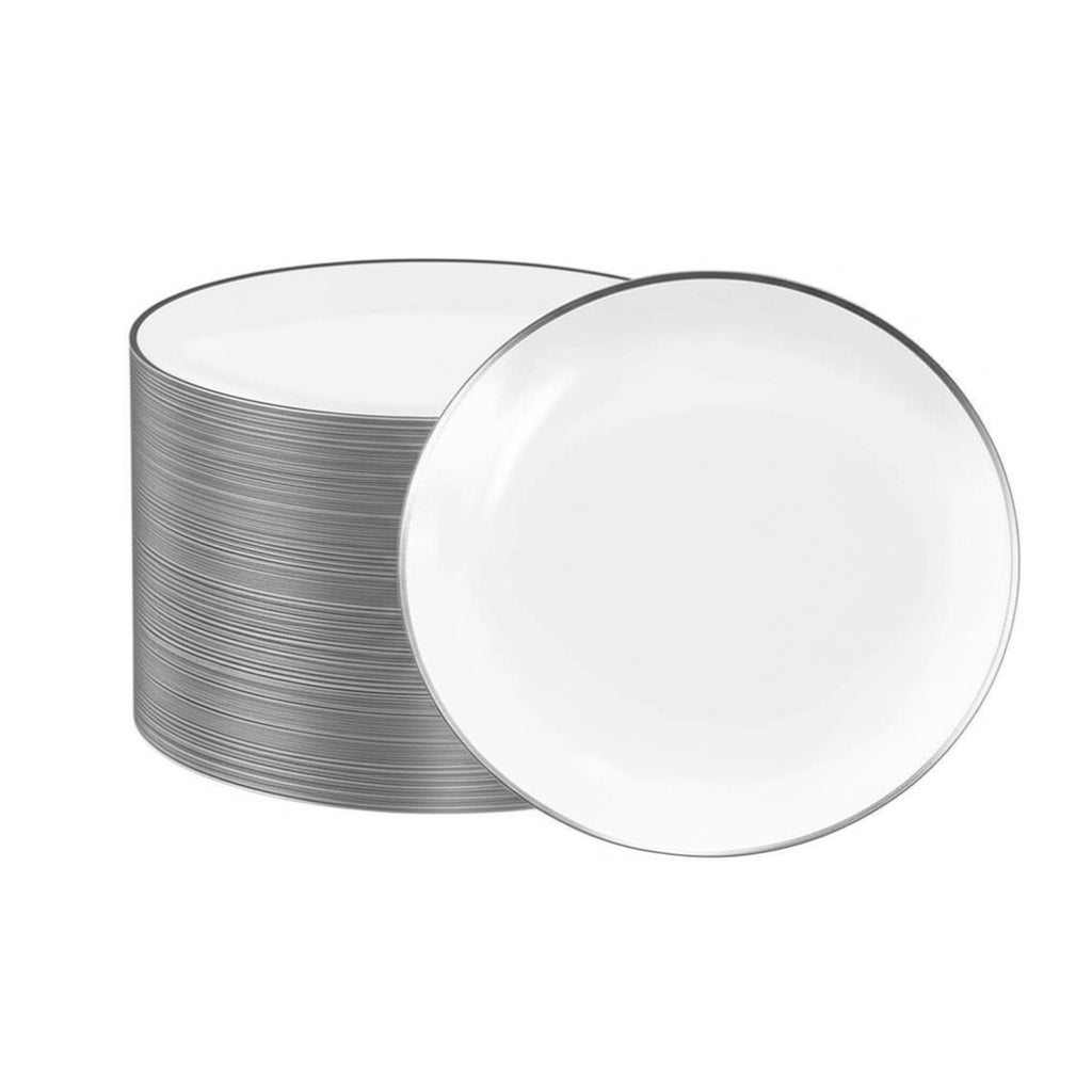 White round plates with silver rims, 10-inch, 40 count set.