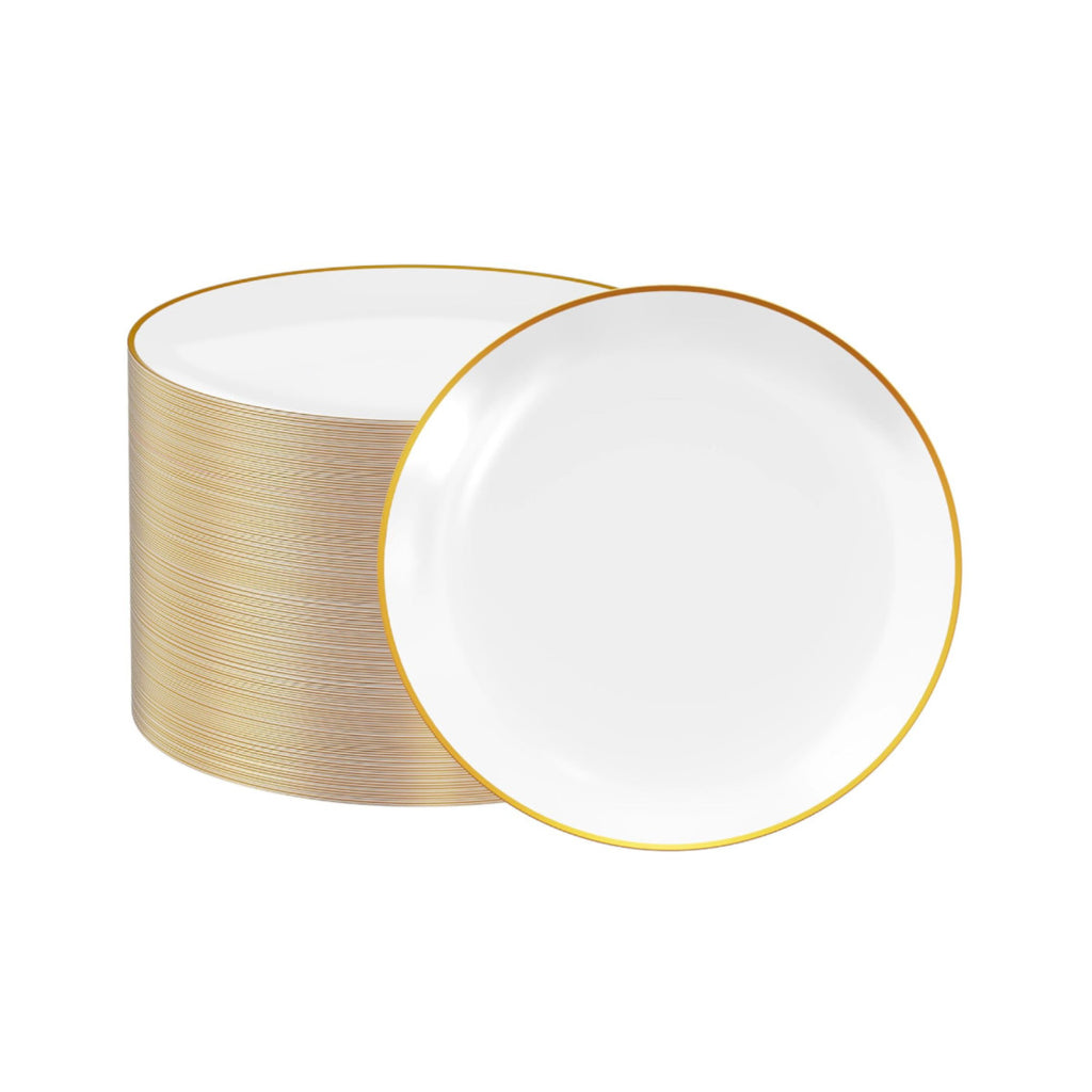 White round plates with gold rims, 10-inch size, 40 piece pack.