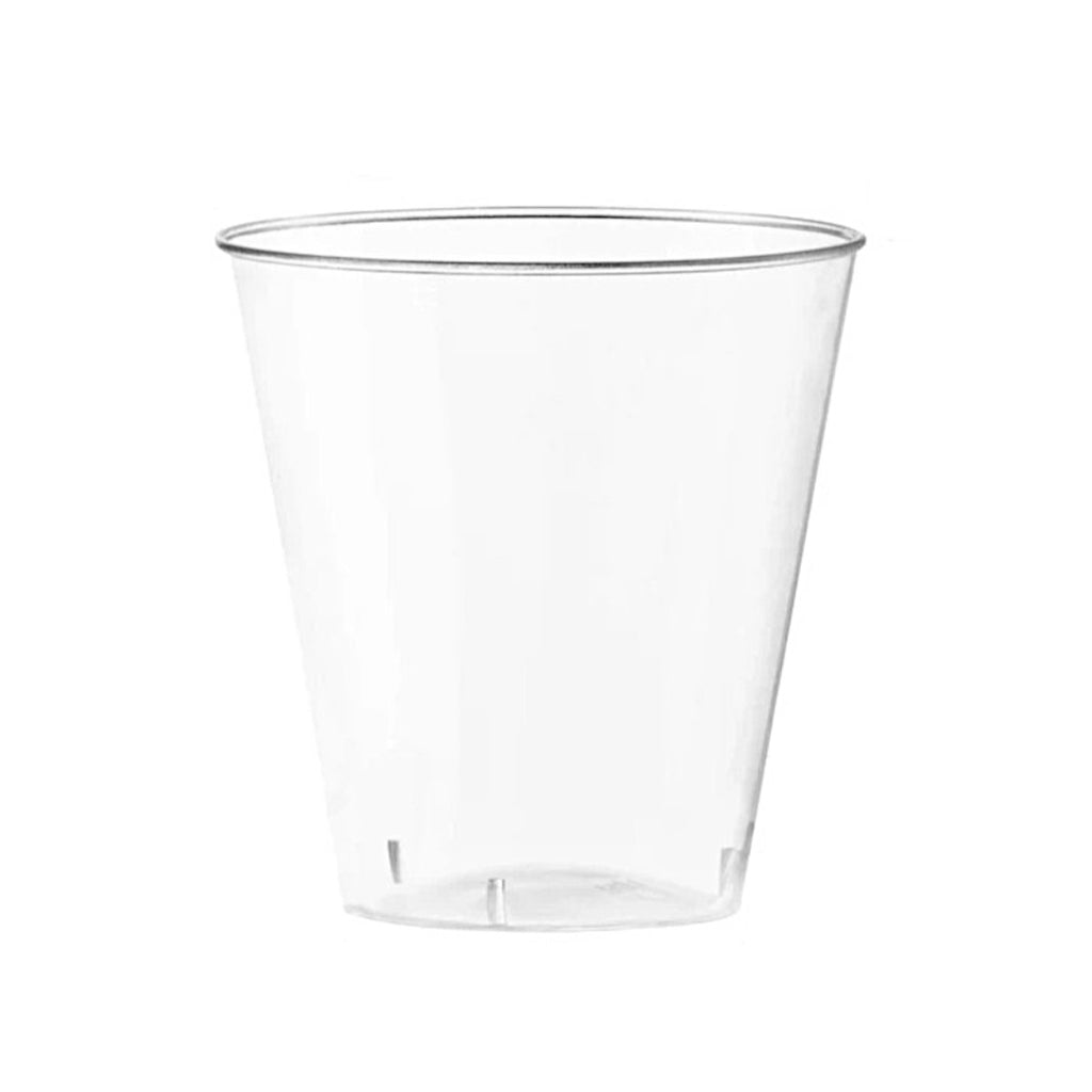 Clear disposable plastic shot glasses, 2.5 oz size, 24 count.