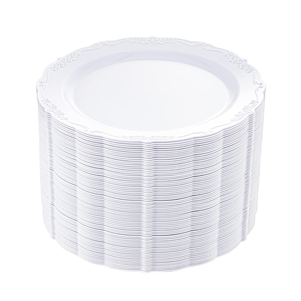 10-inch round disposable dinner plates, clear design, 50 pack.