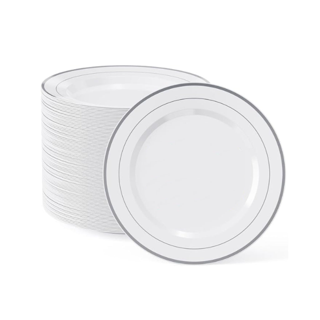 Round disposable dinner plates with a silver band rim, 50 count pack.