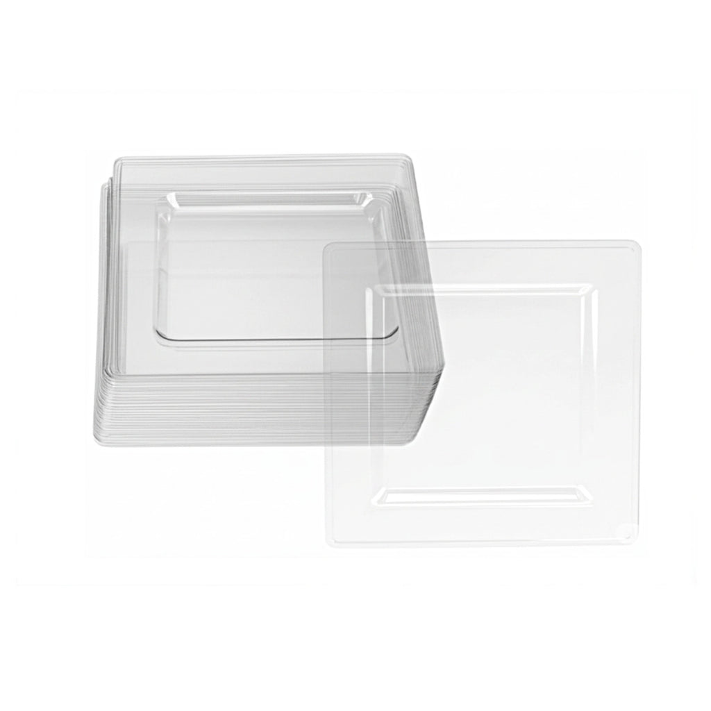 Clear square plates, 8-inch size, 12 pack.