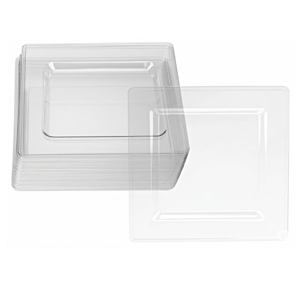 Clear square plates, 9.5-inch, 12 piece set.