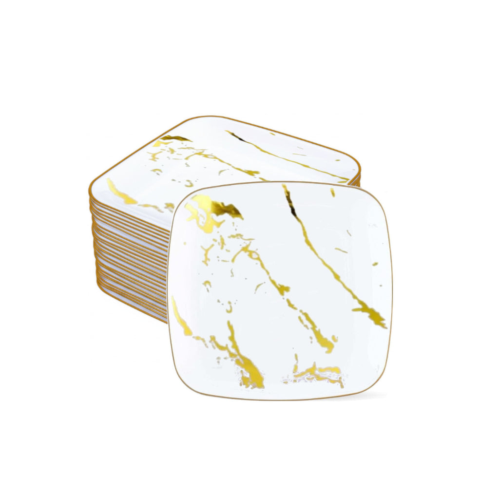 White marble square plates, 7.25-inch, 12 count.