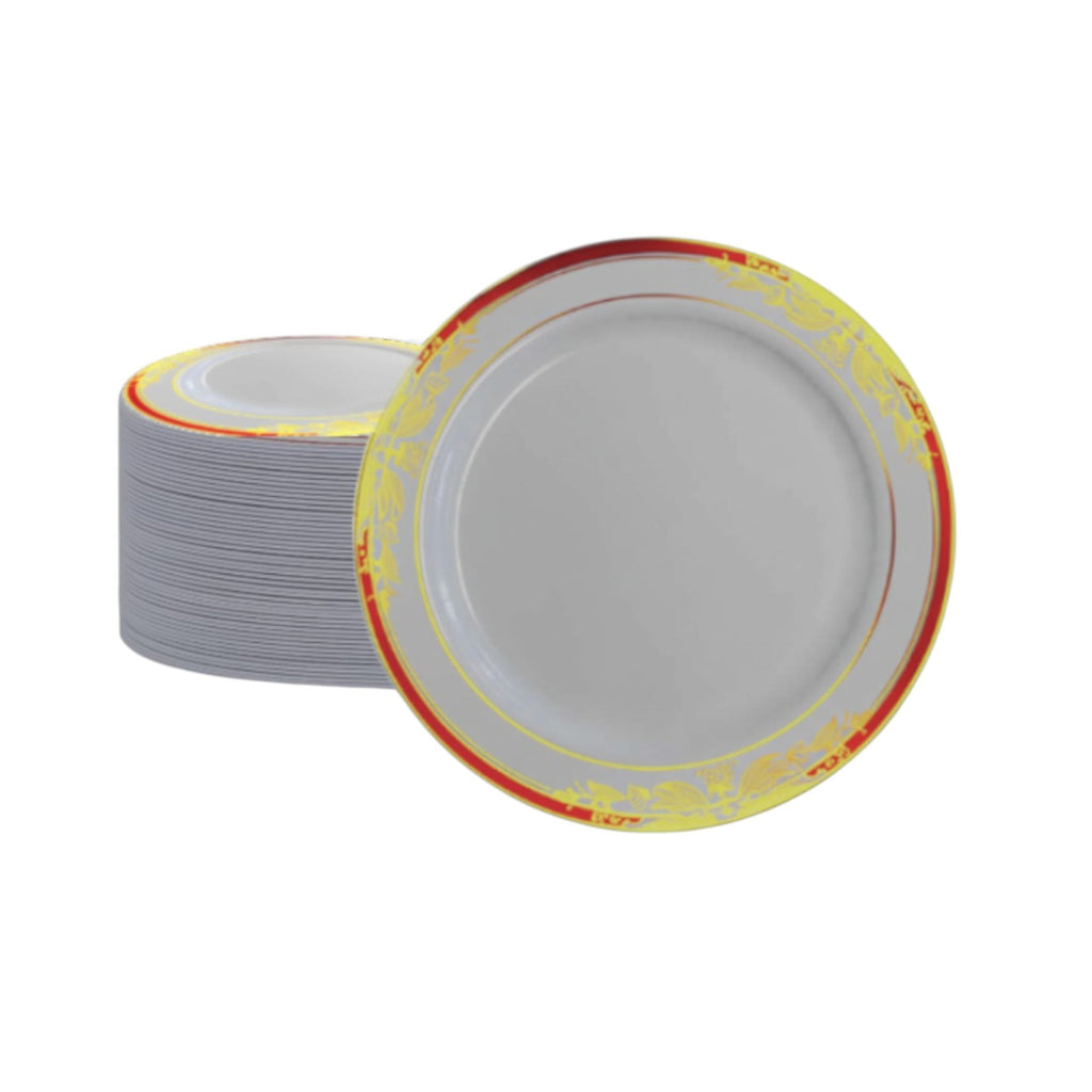 White salad plates with red decorative rims, 40 piece pack.