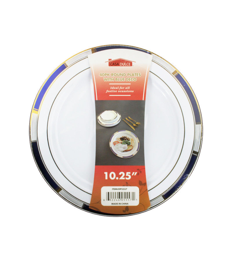 White dinner plates with blue decorative rims, 40 piece pack.