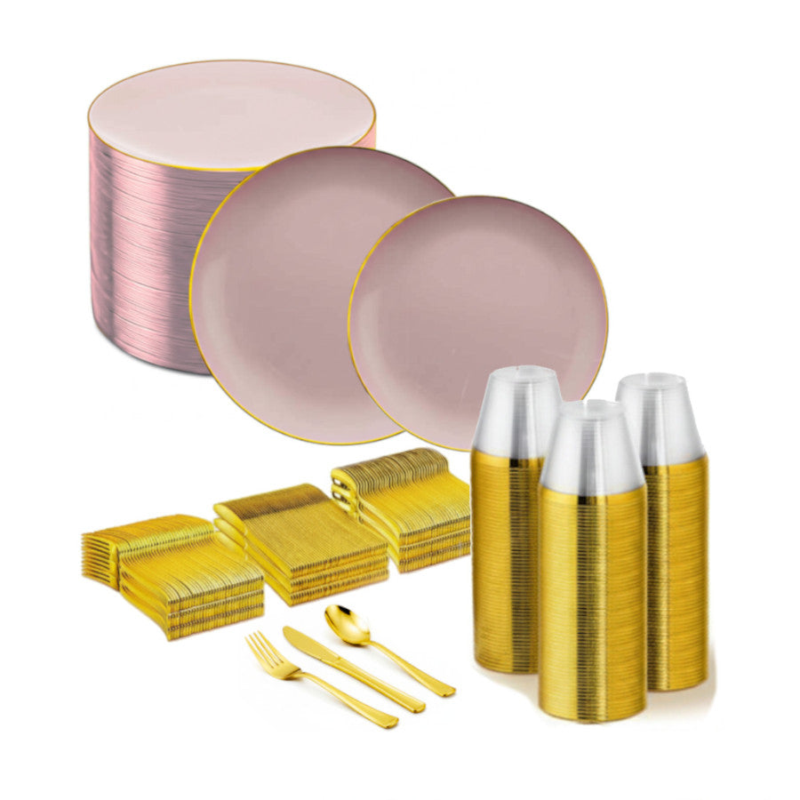 Pink round disposable plates with gold rims, 480 pack.