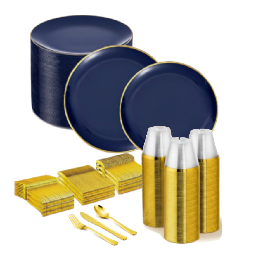 Navy blue round disposable plates with gold rims, 480 set.