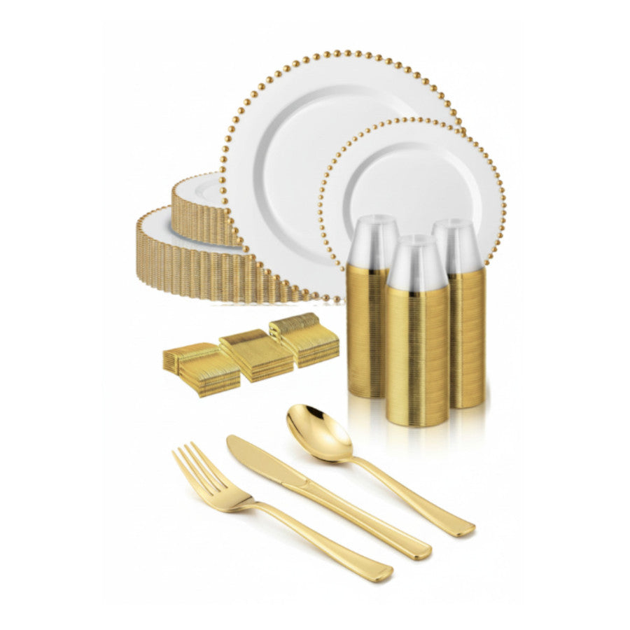 White round plates with gold beaded rims, 480 piece set.
