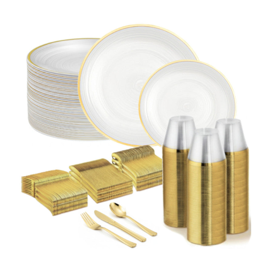 Clear round disposable plates with gold rims, 480 set.