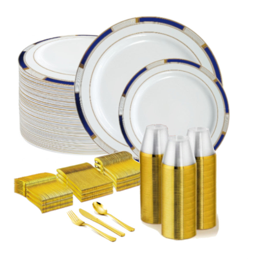 Round white plates with blue, white, and gold accented rims, 480 set.
