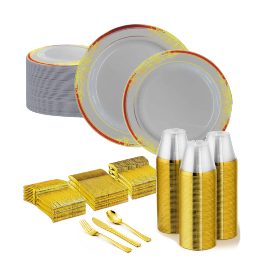 Round white plates with gold and red accented rims, 480 set.