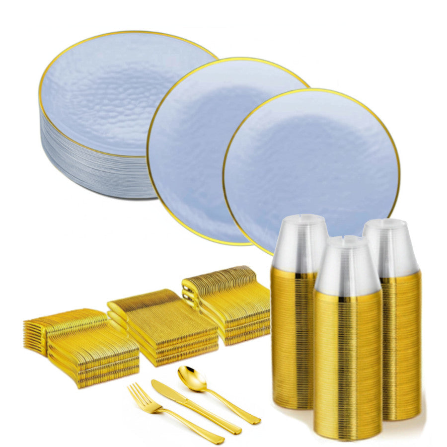 Transparent blue round plates with gold rims, 480 set.