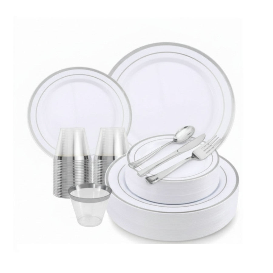 White round plates with silver band rims, 600 piece dinnerware set.