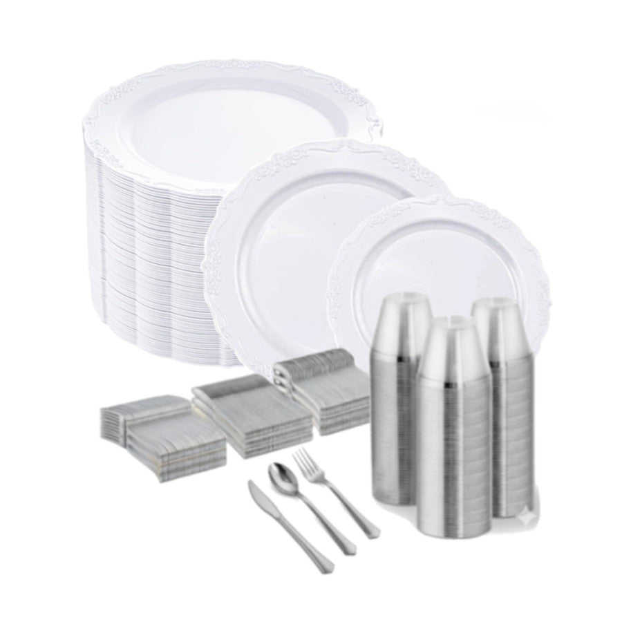 White round plates with scalloped edges and embossed flower design, 600 set.