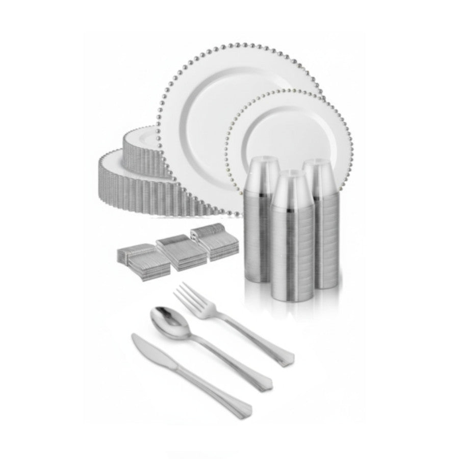 White round plates with silver beaded rims, 480 piece set.