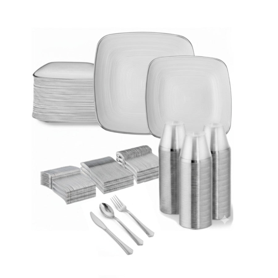 Clear square plates with silver rims, 480 count.