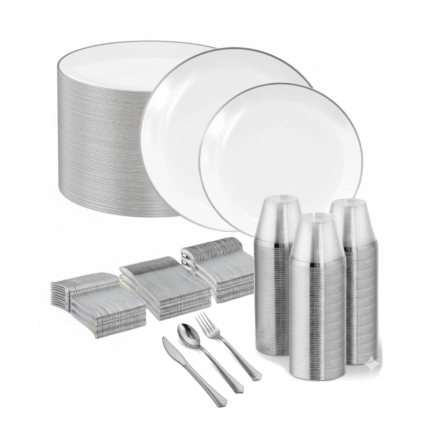 Round white plates with silver rims, 480 disposable set.