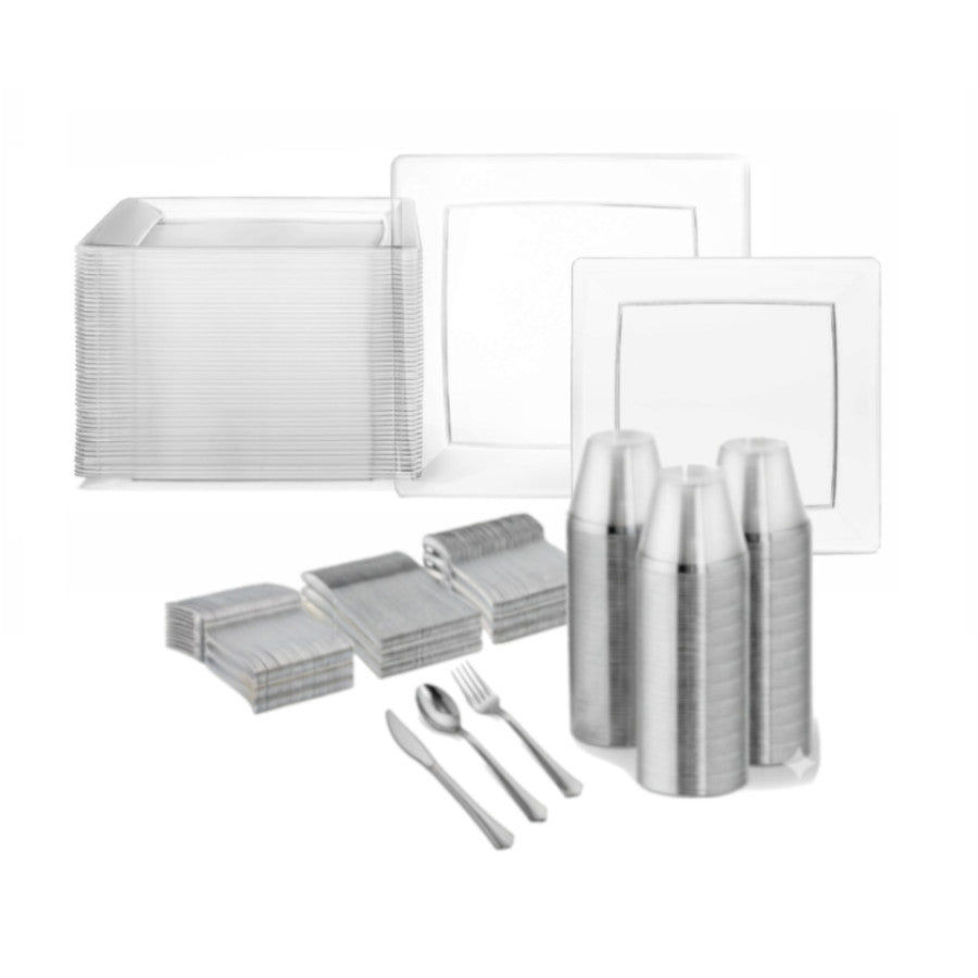 Clear square plates, disposable, 480 pack.