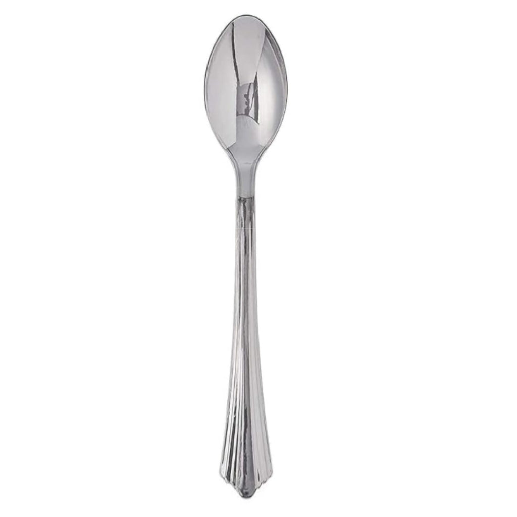 Bag of 24 disposable silver spoons.