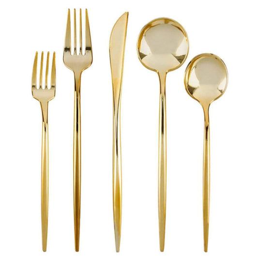 Gold assorted cutlery set with forks, knives, and spoons, 40 piece set.