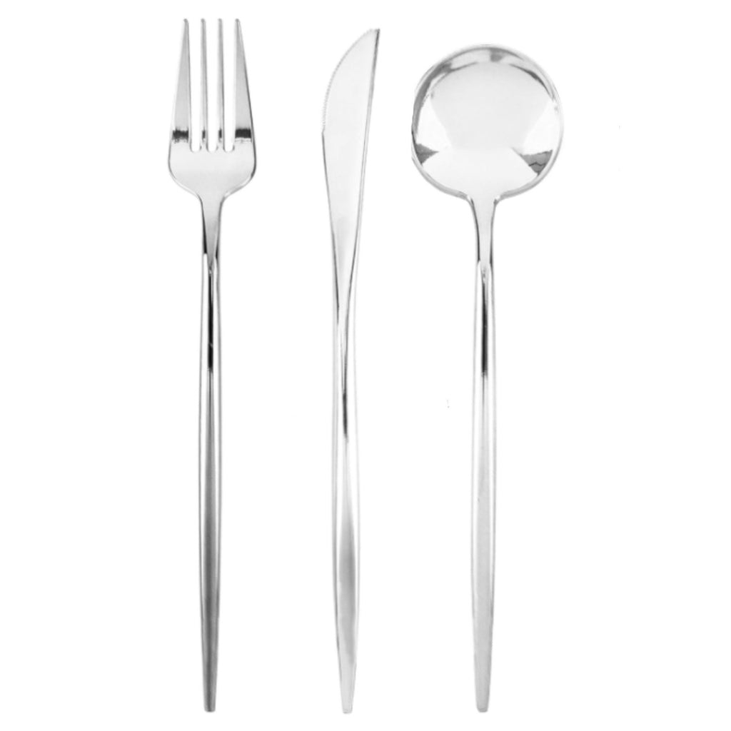 24 assorted silver forks, spoons, and knives, disposable cutlery.