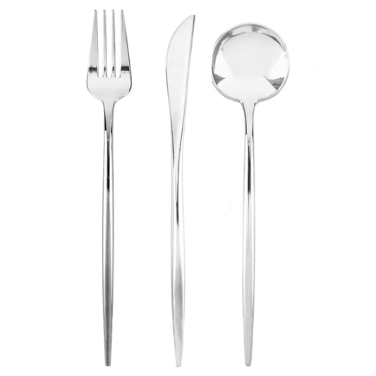 24 assorted silver forks, spoons, and knives, disposable cutlery.