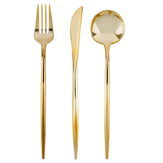 24 assorted gold forks, spoons, and knives, disposable cutlery.