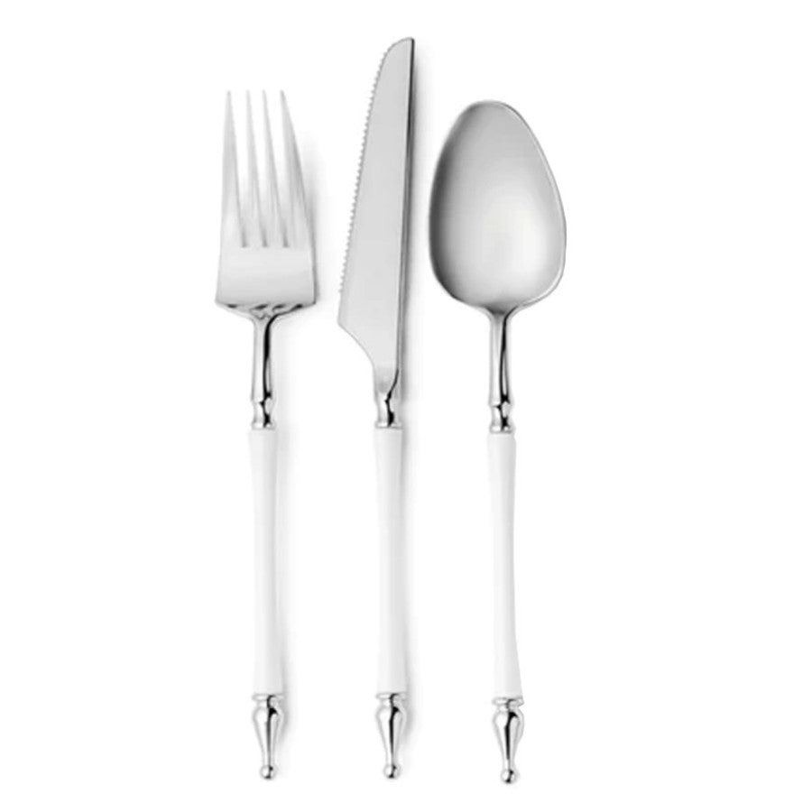 White-handled silver cutlery set including forks, knives, and spoons, 24 piece pack.
