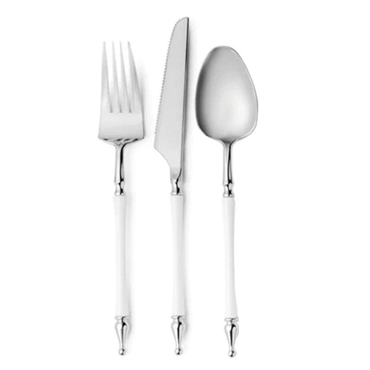 White-handled silver cutlery set including forks, knives, and spoons, 24 piece pack.