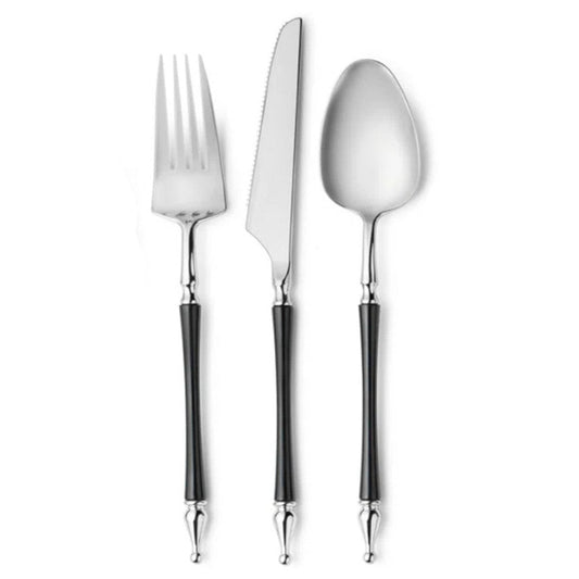 Black-handled silver cutlery set with forks, spoons, and knives, 24 pack.