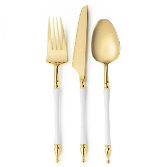 White-handled gold silverware set, assorted cutlery, 24 pieces.