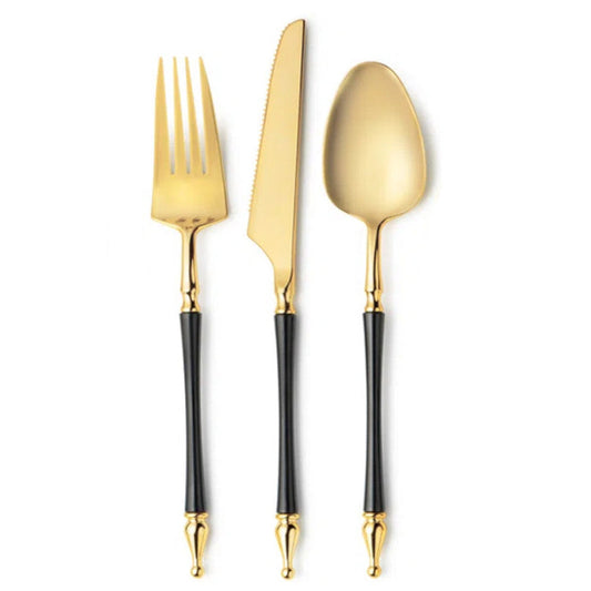 Black-handled gold cutlery set, assorted, 24 piece pack.