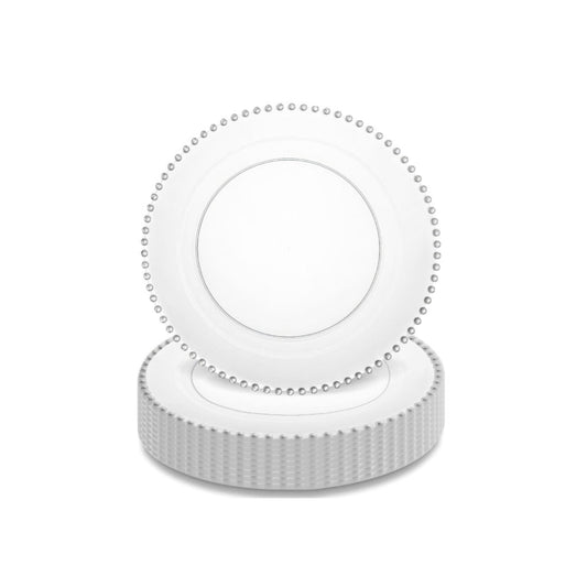 7-inch white plates with silver beaded rims, 40 piece pack.