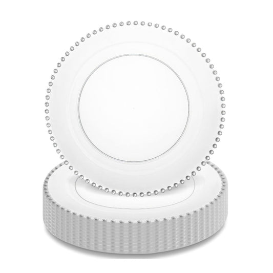 Round white disposable plates with silver beaded rims, 10-inch, 40 set.