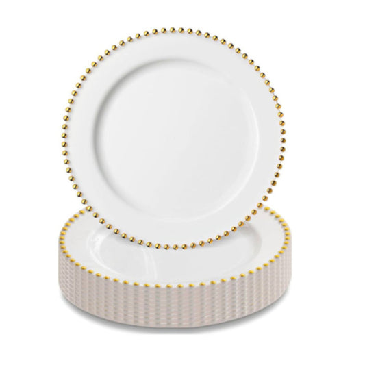 White round plates with gold beaded rims, 10-inch, 40 piece set.
