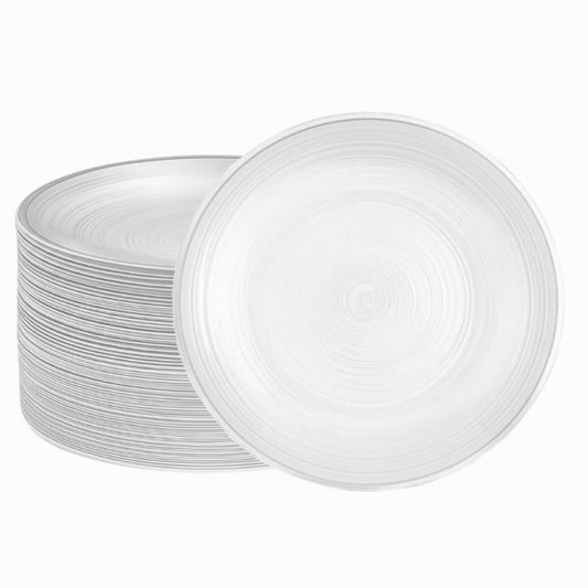 Small 7-inch clear disposable plates with silver rims, 40 count.