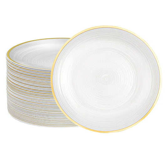Transparent 10-inch round plates with gold rims, 40 count pack.