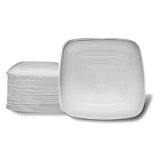 Clear square plates with silver rims, 10-inch, 40 count pack.