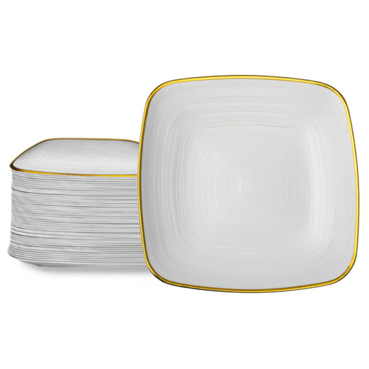 Clear square plates with gold rims, 10-inch, 40 pack.