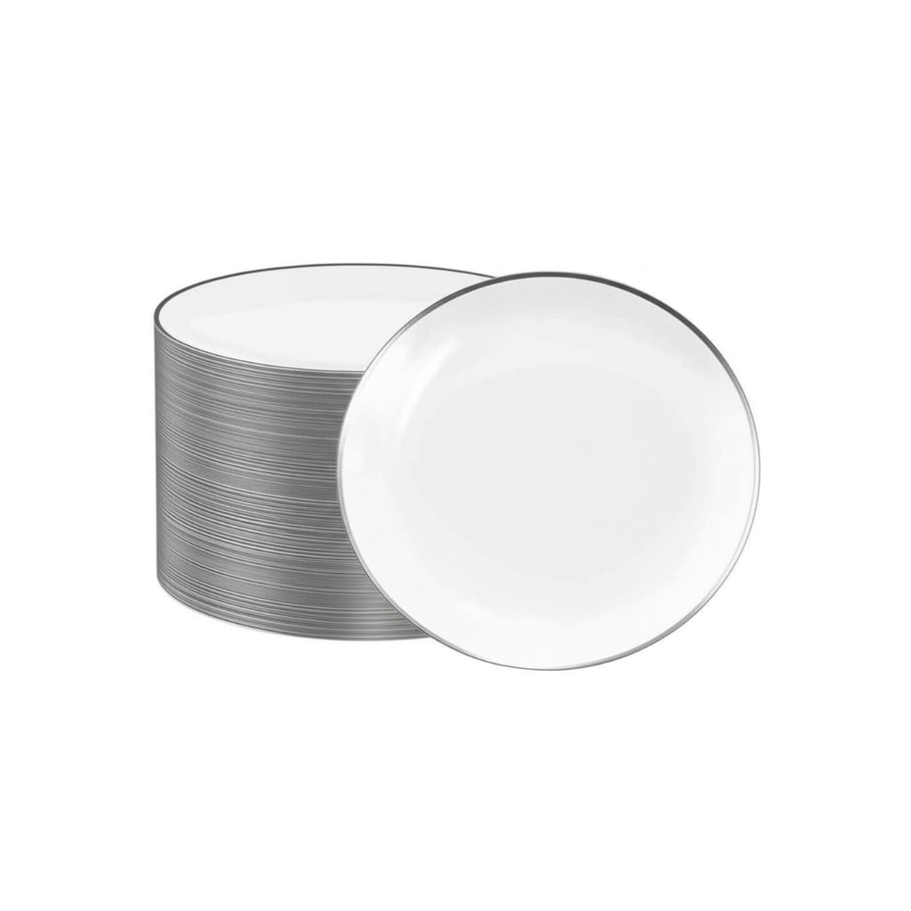 Small 6.3-inch white disposable plates with silver rims, 40 pack.