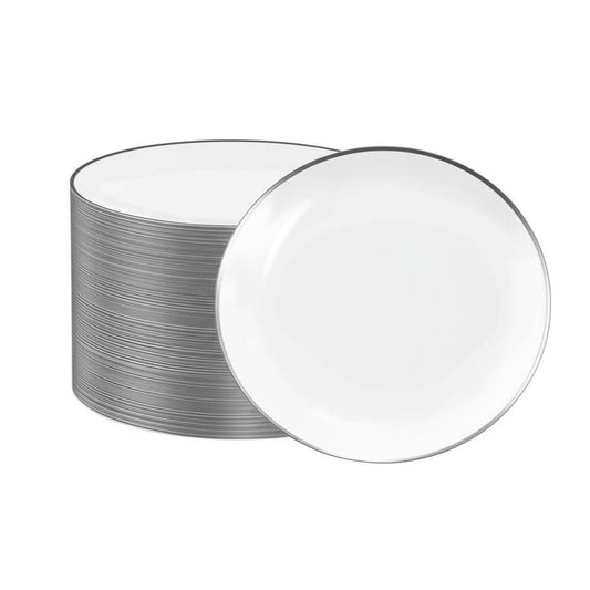 White round plates with silver rims, 10-inch, 40 count set.