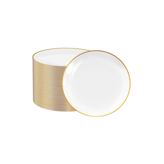White plates with gold rims, 6.3-inch size, 40 count.