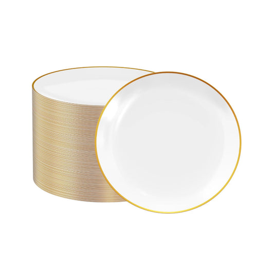 White round plates with gold rims, 10-inch size, 40 piece pack.