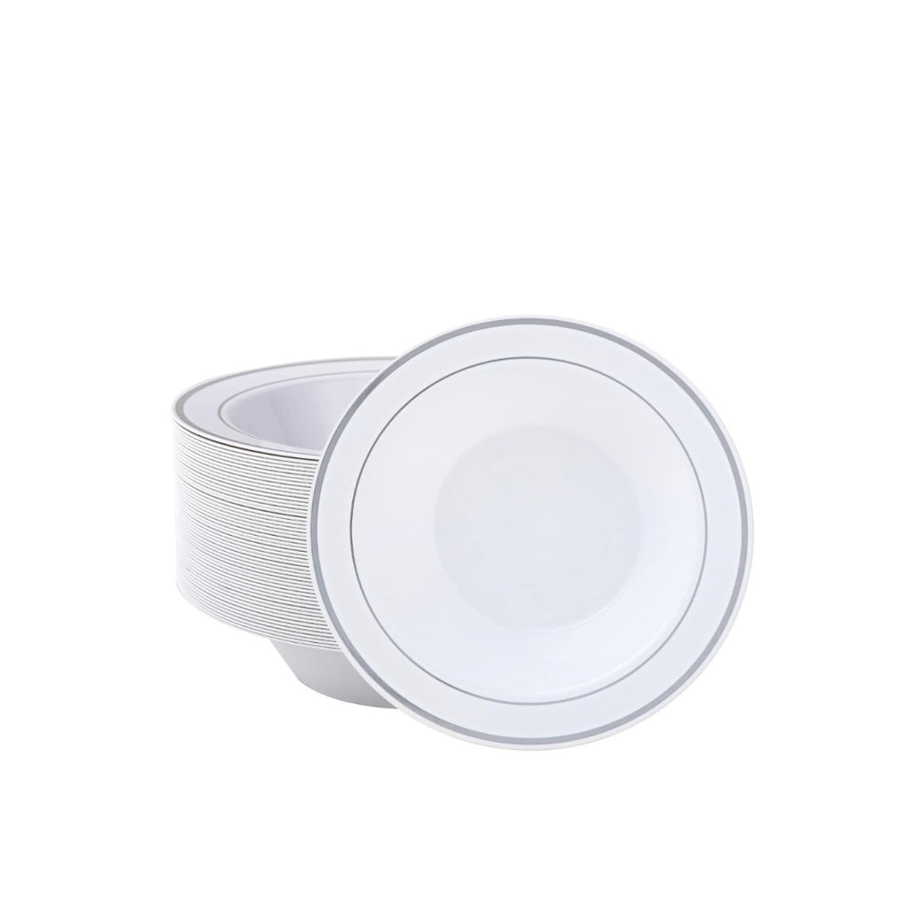 Small white bowls with silver rims, 4.5-inch, 12 pack.