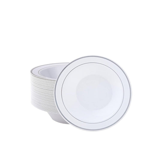 Small white bowls with silver rims, 4.5-inch, 12 pack.