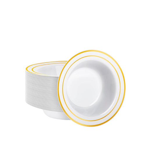 Small white bowls with gold rims, 4.5-inch, 12 pack.