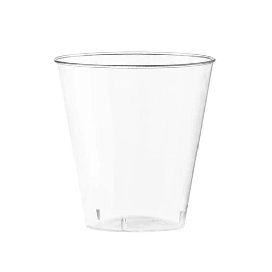 Clear disposable plastic shot glasses, 2.5 oz size, 24 count.